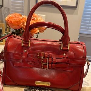 BURBERRY: Never used Red Leather Handbag Detachable Strap. Classic Lining